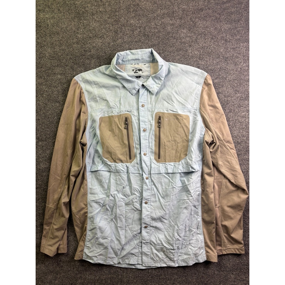 Simms Fishing Shirt Mens XL Blue Tan Long Sleeve Zip Pockets Ventilated 62166